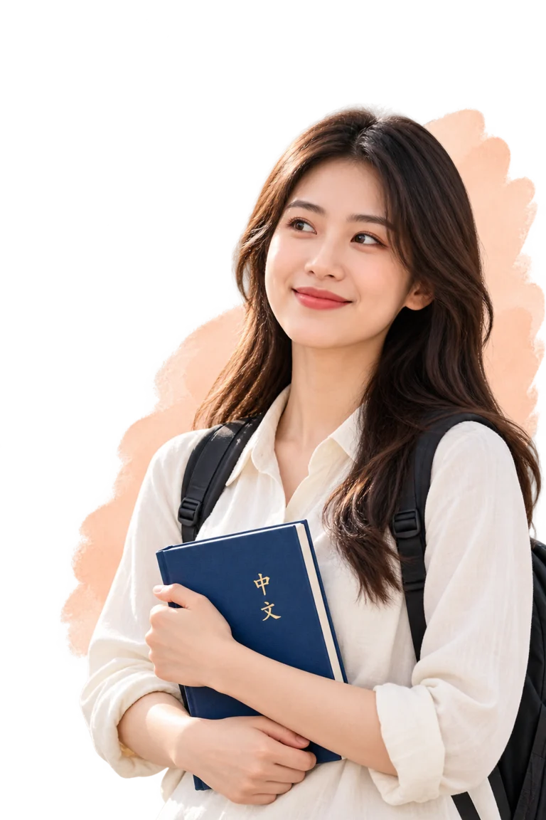 Mahasiswi tersenyum sambil membawa buku bahasa Mandarin.