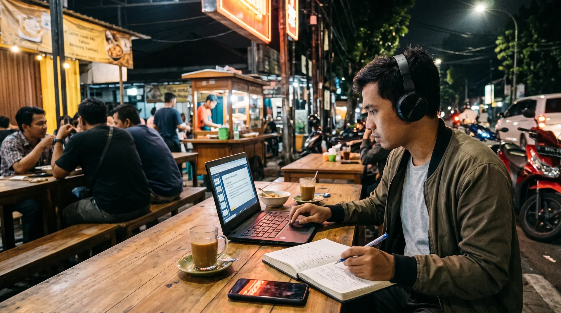 Peserta belajar online menggunakan laptop dan headphone.